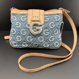 G by Guess Denim Monogram Crossbody Bag Y2K McBling Silver Logo‎ Leopard Lining